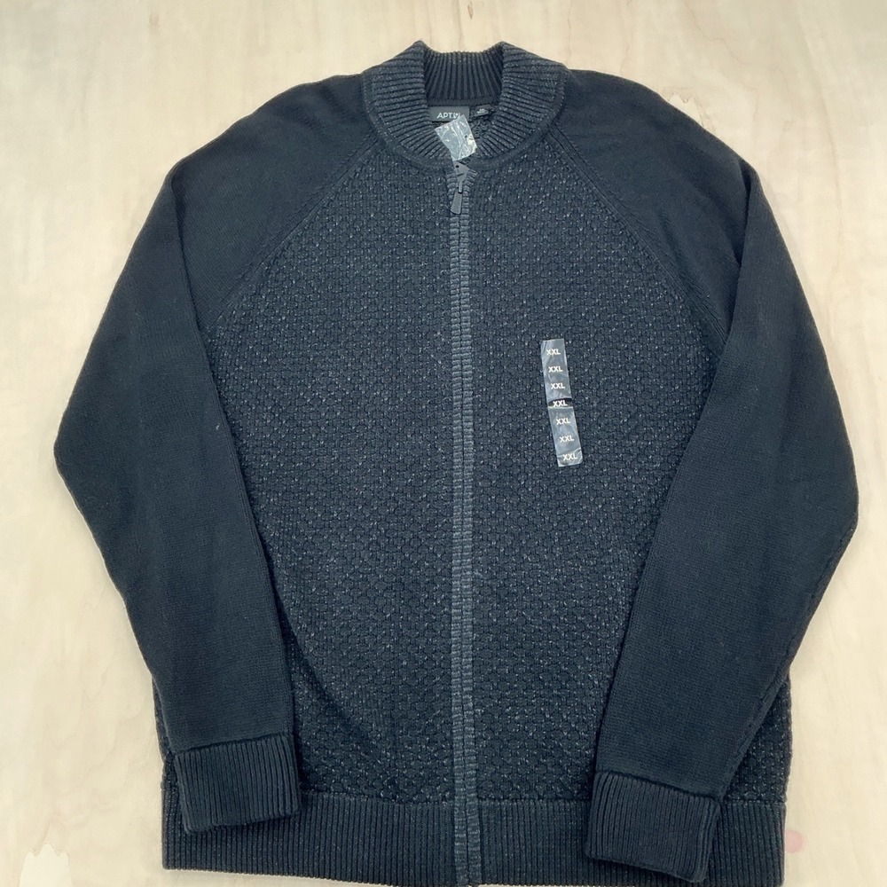 Apt. 9 Bomber Sweater Mens XXL Black Textured Full Zip Knit Raglan New NWT